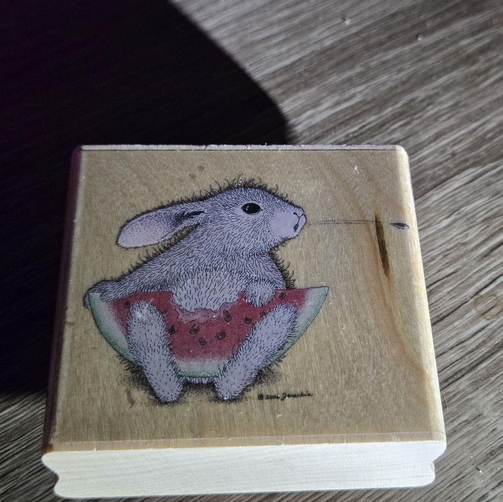 NEW!Adorable Bunny and Watermelon Wooden Stamp~COLLECTORS!